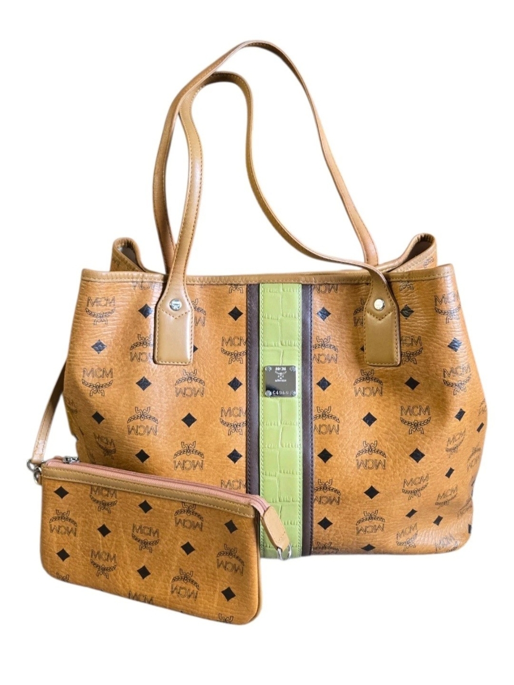 MCM Cognac Visetos Tote with Green Stripe